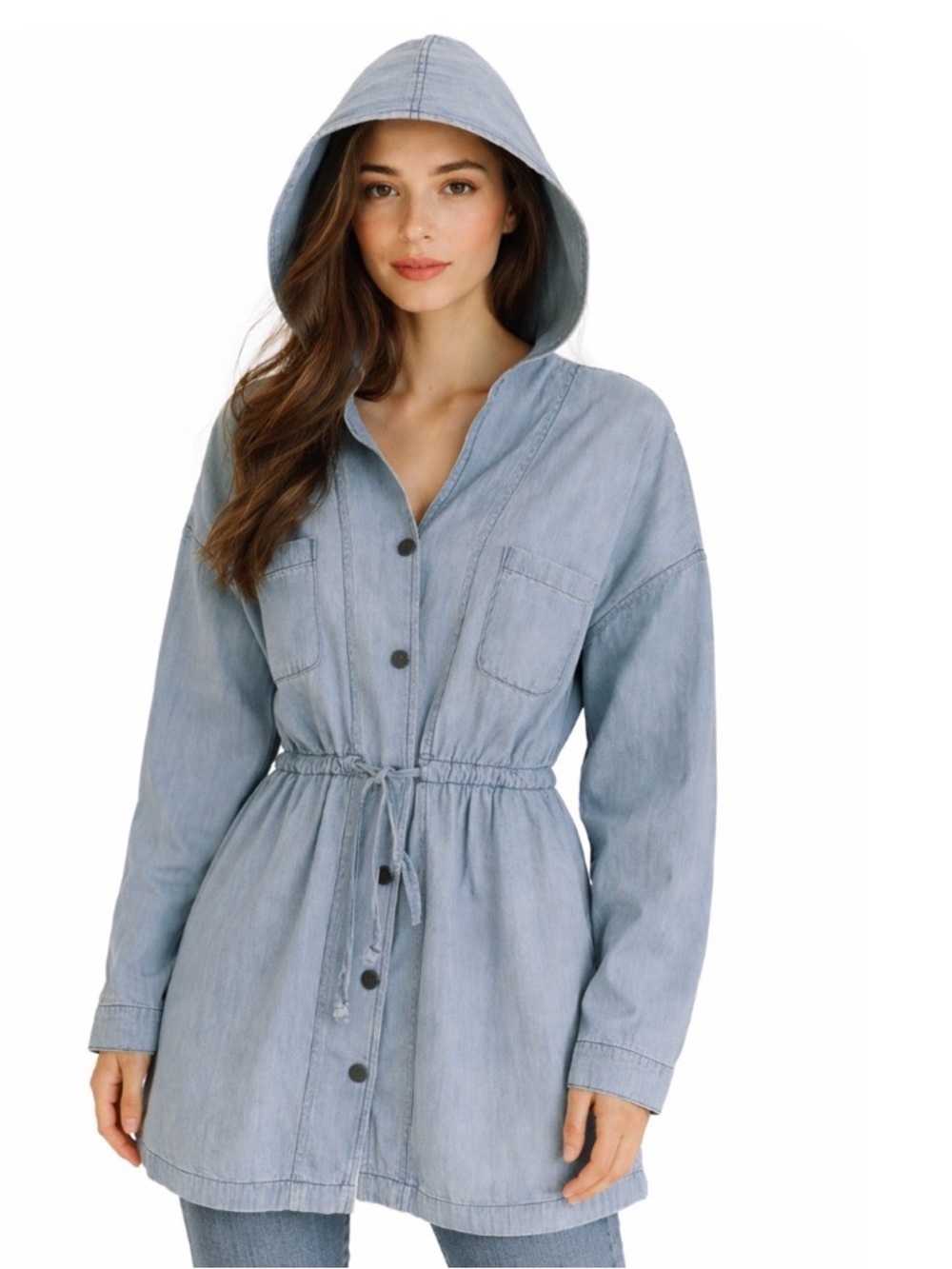 BDG Chambray denim style one piece dress with hood and tie waist SZ S in EUC
